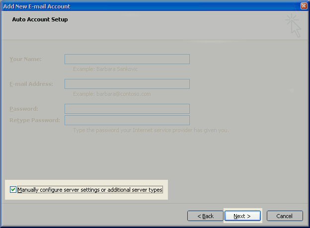 Outlook 2007 Email Setup - Manually configure server settings or additional server types